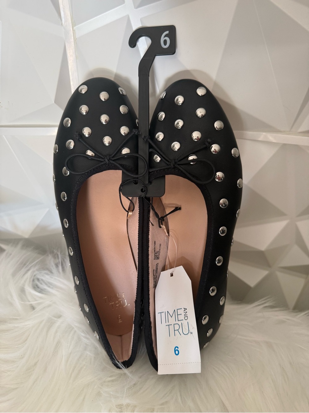 Time and Tru Black Studded Bow Flats